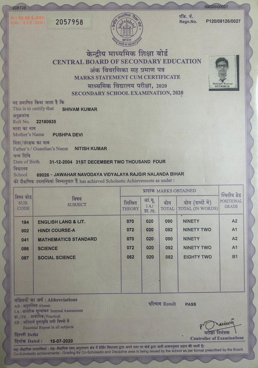 10th Grade Board Certificate
