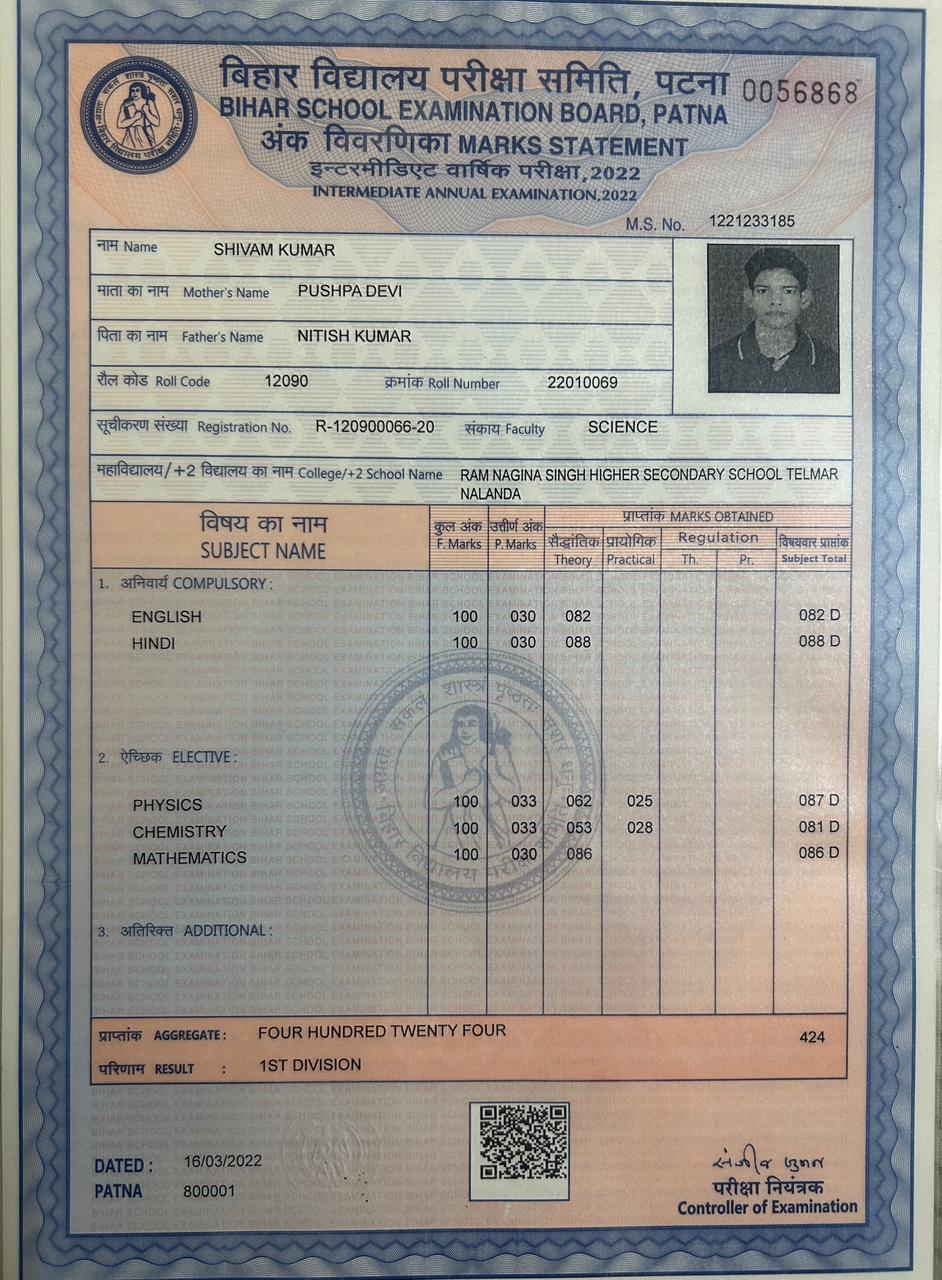 12th Grade Board Certificate