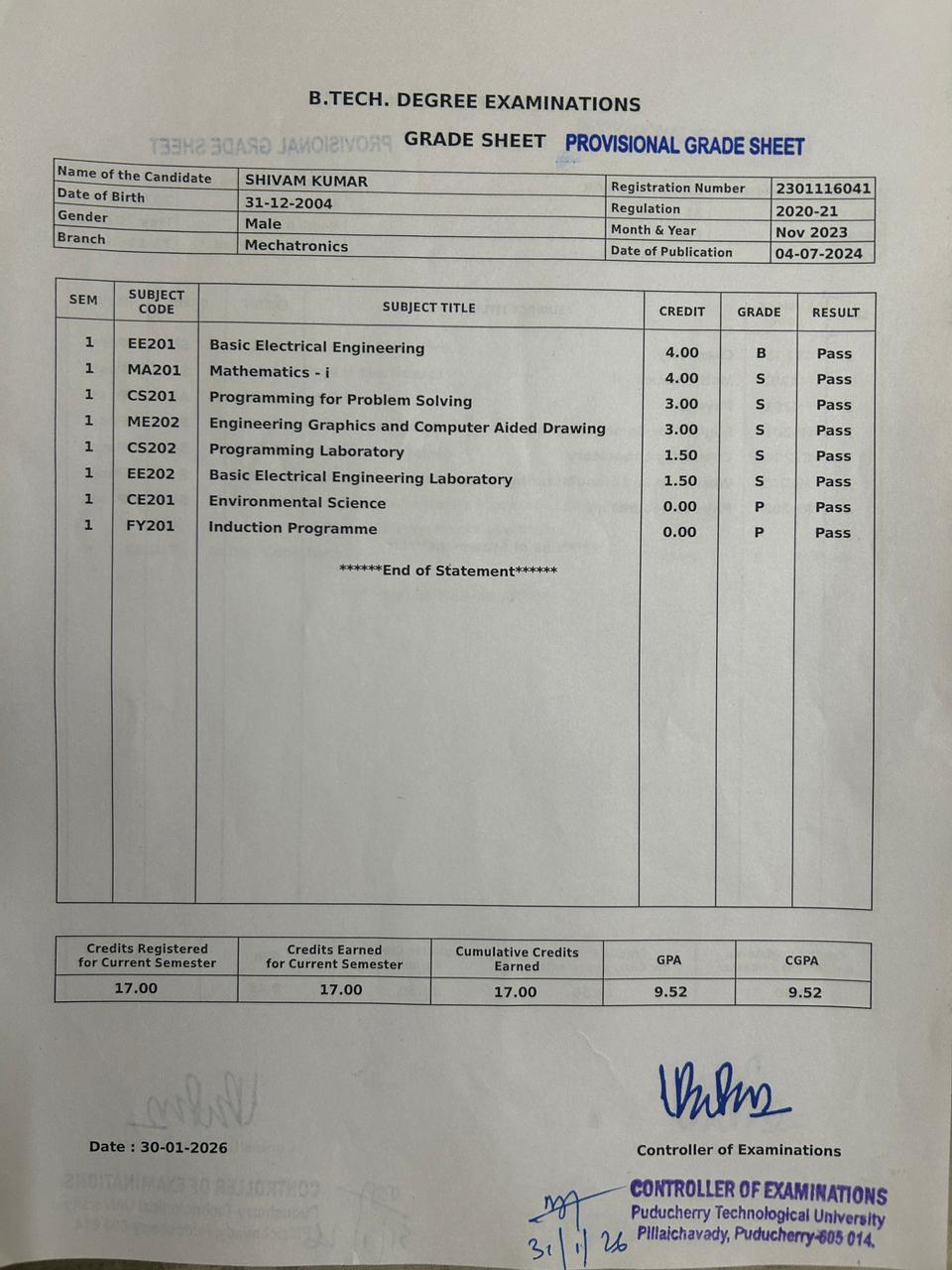 Semester 1 Marksheet
