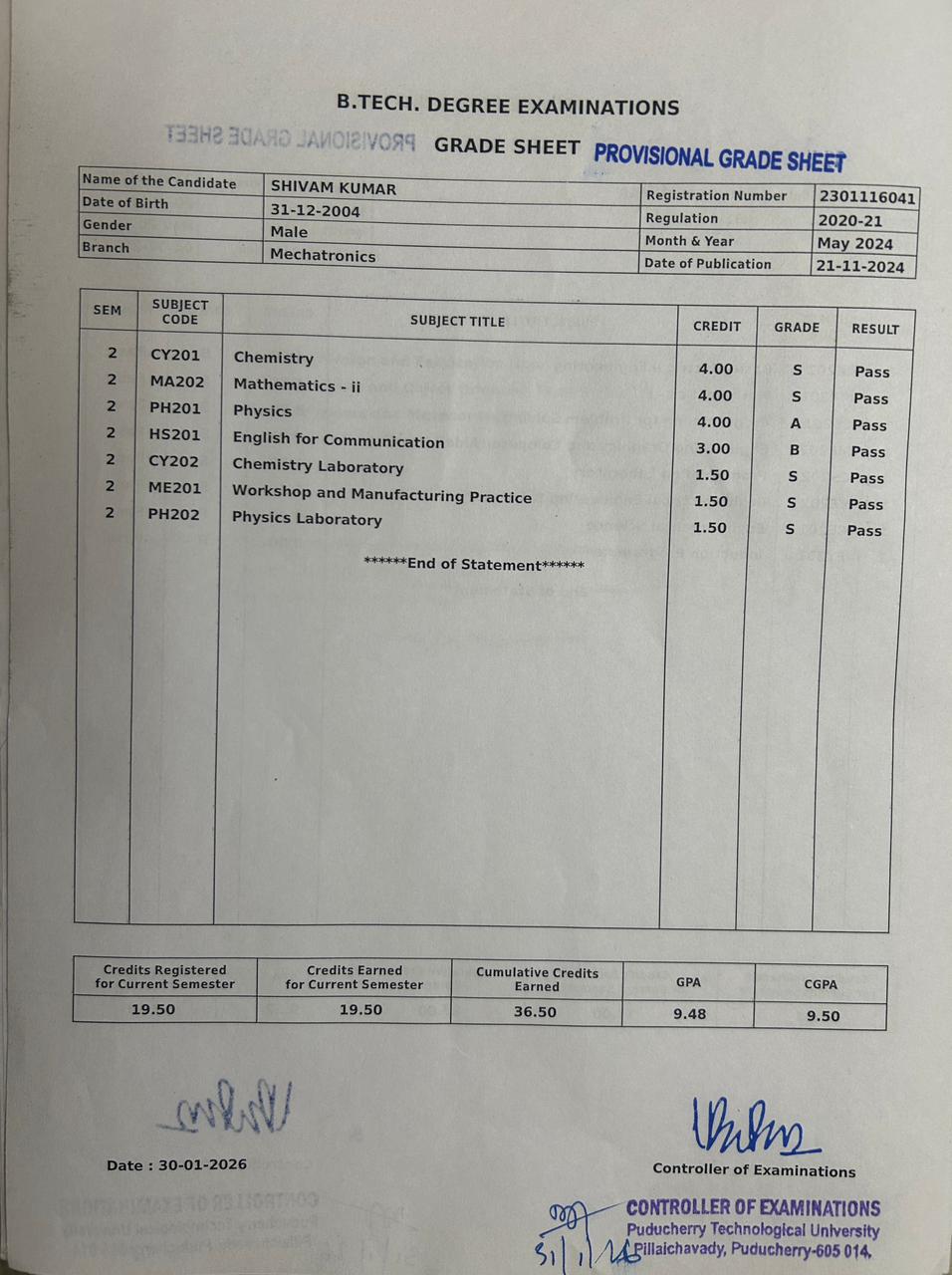 Semester 2 Marksheet