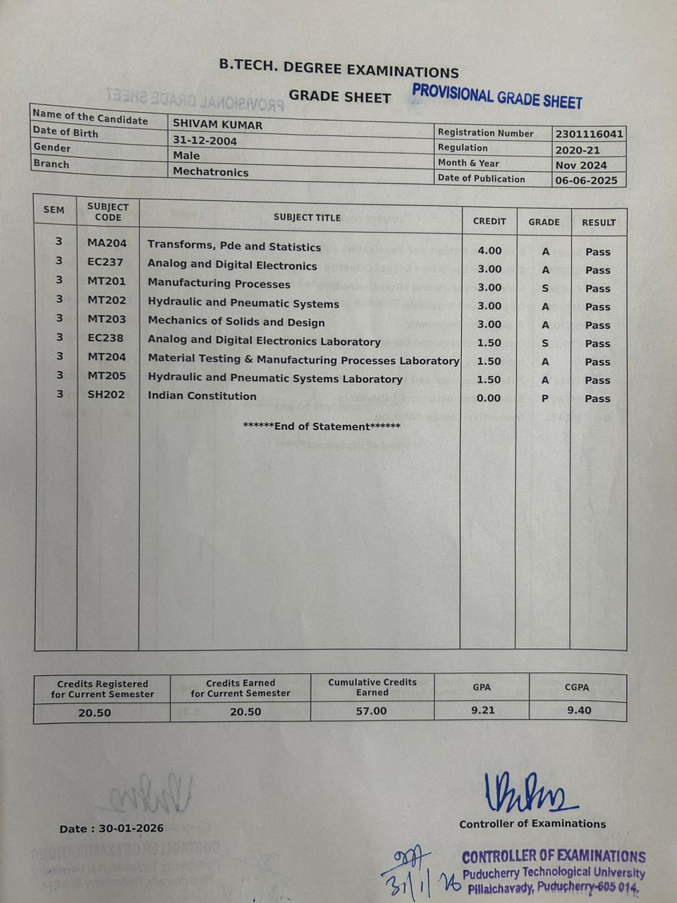 Semester 3 Marksheet