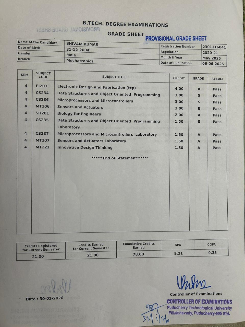 Semester 4 Marksheet